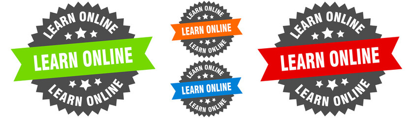 learn online sign. round ribbon label set. Seal
