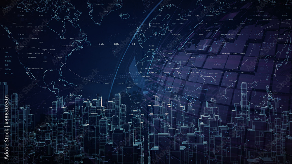Wall mural world map and city hud.technological globe world map and 2d graphic digital elements and 3d generate
