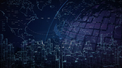 World map and City HUD.Technological Globe World map and 2D graphic digital elements and 3D generated Sci Fi futuristic City.Technological background.UI Data panel.Broadcast design.