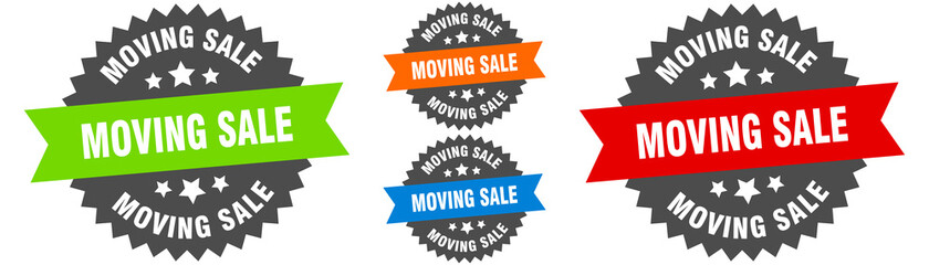 moving sale sign. round ribbon label set. Seal