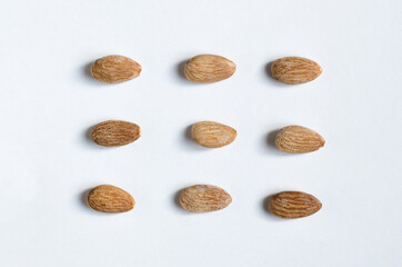 symmetrically lying almonds on a white background