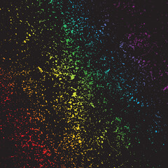 Multicolor grunge rainbow spashes on black background, vector.  Colorful dust explode. 