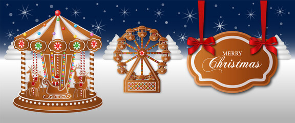 merry christmas banner with gingerbread carousel and ferris wheel © Angelica