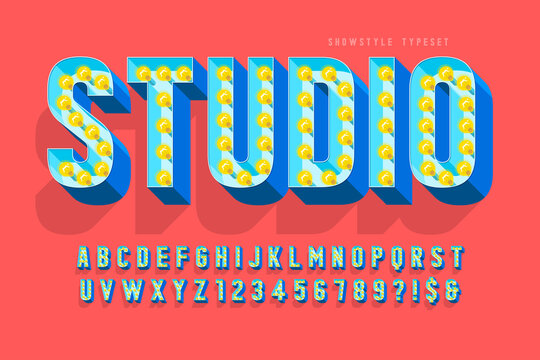 Retro cinema font design, cabaret, lamps letters and numbers.