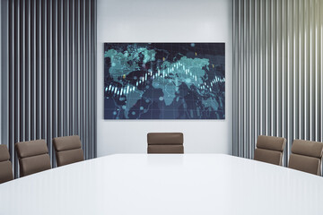 Abstract creative financial chart and world map on presentation tv screen in a modern meeting room, research and strategy concept. 3D Rendering