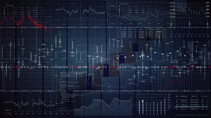 Stock trading terminal.Abstract Stock exchange market HUD.Quotes and index analysis. Business and marketing template.Graph and diagram.Equalizer.Indicators.2D graphic on 3D background.
