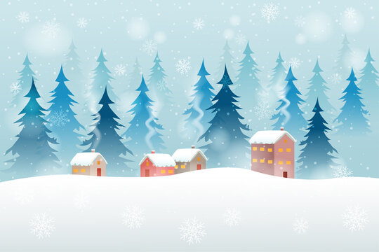 Winter christmas landscape with house and trees