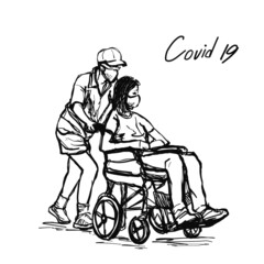 The husband took the sick wife during the covid-19 in the wheelchair. Take a relaxing walk in the park with a protective mask. Illustration sketch vector eps10.
