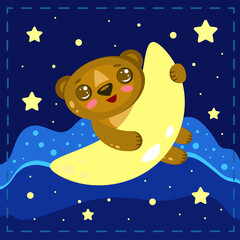 Cute cartoon bear holds yellow moon on the night sky with stars. Beautiful kids illustration for your design.
