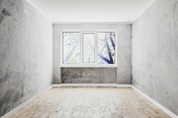 empty room with window, empty decorative plaster walls and wooden floor, white ceiling, empty walls, 3d rendering