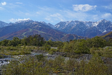 Autumn colorful foliage. mountains have 3 different colors made by nature, white, red, green. 