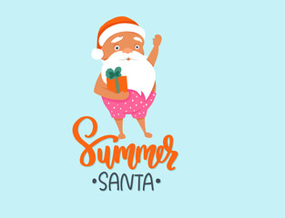 Summer Santa Claus illustration with gift box. Merry Christmas at the beach. Tropical Christmas and happy New Year greeting card.