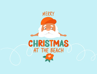 Merry Christmas at the beach. Summer Santa Claus illustration. Tropical Christmas and happy New Year greeting card.