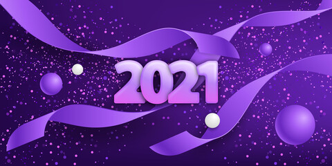 Happy new year 2021. Festive purple background with numbers, confetti and balls 3D. Violet background with ribbons. Vector illustration. Holiday banner. Realistic style. Luxury design banner, poster.