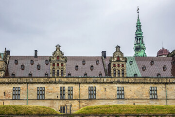 Kronborg Castle (1420) is Northern Europe biggest Renaissance castle, known worldwide from Shakespeare's Hamlet. Fortress surrounded by ramparts and army barracks. Helsingor, Denmark.