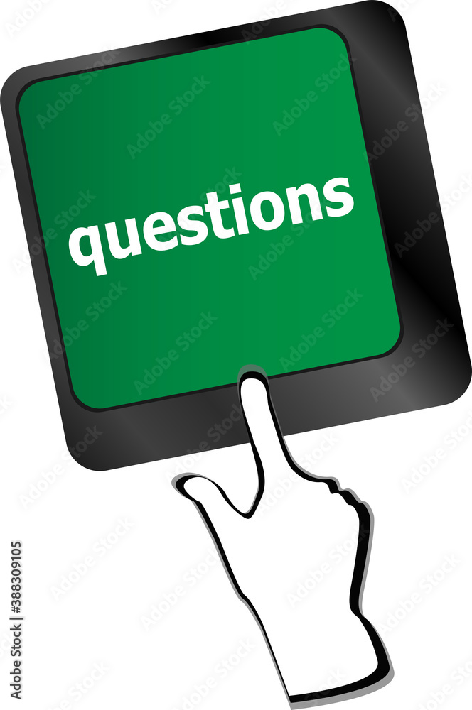 Poster computer keyboard key with key questions, closeup