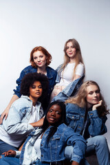 Obraz premium diverse multi nation girls group, teenage friends company cheerful having fun, happy smiling, cute posing isolated on white background, lifestyle people concept, african-american and caucasian