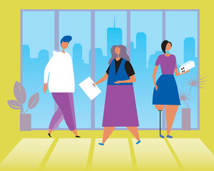 Office people in the lobby by the window as an inclusive society concept, flat vector stock illustration with a disabled person with a prosthesis as an office worker