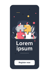 Business team putting together jigsaw puzzle isolated flat vector illustration. Cartoon partners working in connection. Teamwork, partnership and cooperation concept