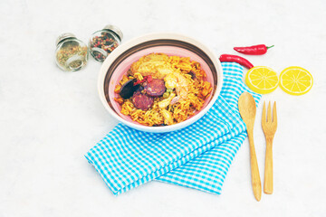 Prawn with rice - close up of prawn with rice - traditional Spanish food paella