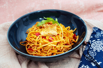 Vegetable noodles with chicken meat preparation