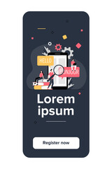 Translating app on mobile phone. People using online translation service, translating from English into French. Vector illustration for foreign language learning, online service, communication concept