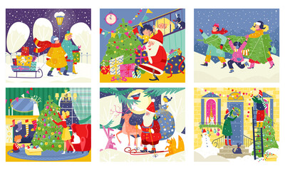 Naklejka premium People preparing for Christmas set of vector illustrations scenes. Decorating Christmas tree with baubles and garland. Happy family or friends prepare for Christmas holiday celebration. Xmas presents.