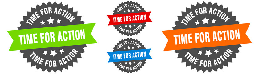 time for action sign. round ribbon label set. Seal