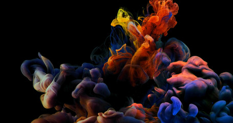 Fototapeta premium Color drops in water , abstract color mix , drop of Ink color mix paint falling on background,