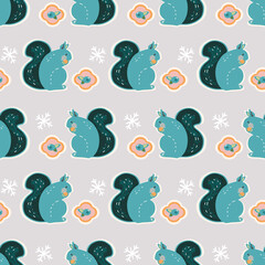 Vector cute geometric winter squirrel kawaii pattern. Seamless scandinavian style design with stylized squirrel and berry on neutral grey background. Perfect for fabric, nursery and home decor.