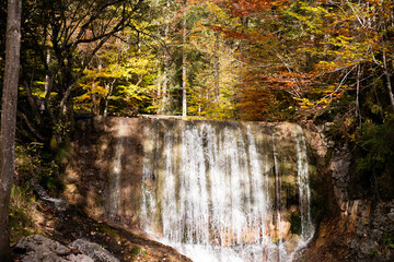 A picture of a small waterfall surrounded by autumn colored trees