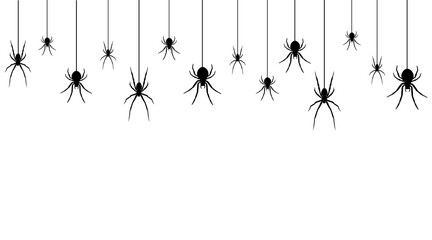 Black spiders hanging on a web. Vector illustration banner.