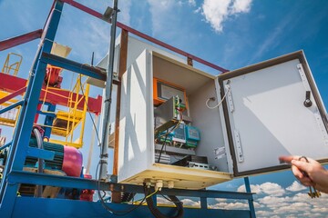 ULYANOVSK, RUSSIA - JUNE 30, 2017: Opened modern automatic control panel of the oil  pump in Ulyanovsk region.