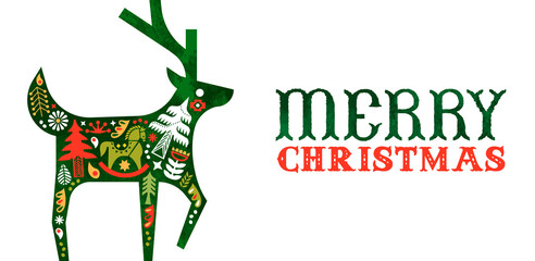 Merry Christmas retro watercolor folk deer banner