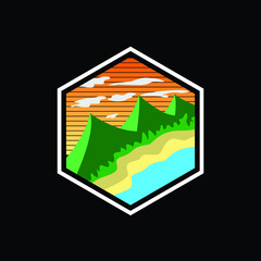 Colorful Hexagon beach mountains flat illustration logo badge vector design inspiration.