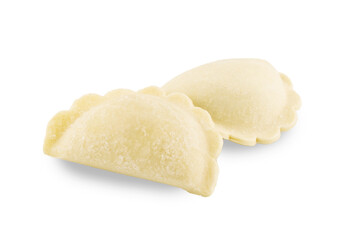 Two raw dumplings close up. Isolated on white background.