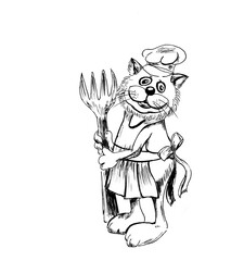 Funny cat-cook in a hat and apron holding a large fork, monochrome drawing.