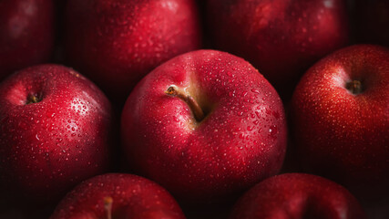 Several fragrant ripe red sweet apples with drops of water on them. Rich harvest of delicious fruits.