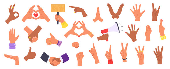 Fototapeta na wymiar Human hands gestures in different interpretations, isolated on white set of vector illustration. Fingers, plams gesturing communication, emotional signs collection. Multinational hands icons.