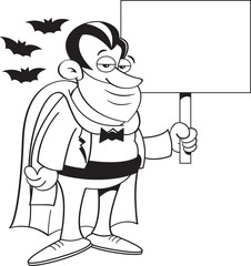 Black and white illustration of a vampire wearing a mask  while holding a sign and surrounded by bats.