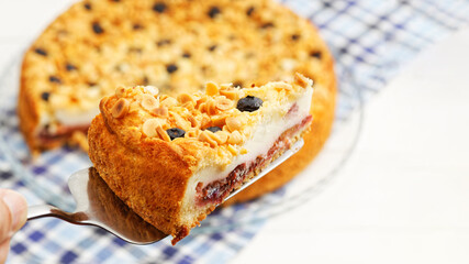 Piece of cake with cottage cheese souffle and plum decorated with almonds and blueberries. Shallow focus.