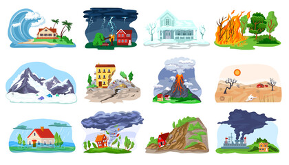 Natural disaster, catastrophe set of vector illustrations with tornado, blizzard, fire, tsunami. Hurricane, environmental crisis in nature, earthquake, volcano icons collection. Landslide with houses. - obrazy, fototapety, plakaty