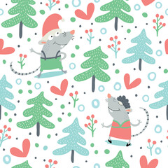 Seamless pattern with New Year's forest and cute mice.