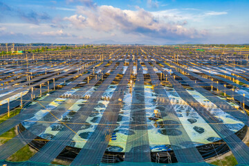 Aerial view of the High technology white shrimp ( prawn ) farm with aerator pump in front of Loc An, Ba Ria Vung Tau, Vietnam.