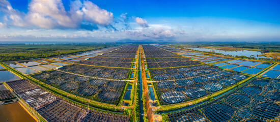 Aerial view of the High technology white shrimp ( prawn ) farm with aerator pump in front of Loc...