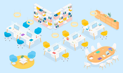 Isometric office interior - desks, conference table, furnitures and appliances. Vector illustration in flat design, isolated.
