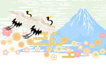 2021年丑年年賀状-富士山と和柄丹頂鶴