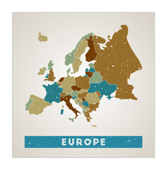 Europe map. Continent poster with regions. Old grunge texture. Shape of Europe with continent name. Artistic vector illustration.