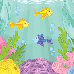 Naklejka na ściany i meble Underwater world with fish , concept kids print, greeting and invitation cards