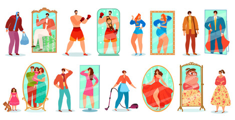 People looking at mirror reflections set of vector illustrations. Admiring themselves happy men, women, family. Female and male characters in poses before mirror, confident, unhappy, positive, sad.
